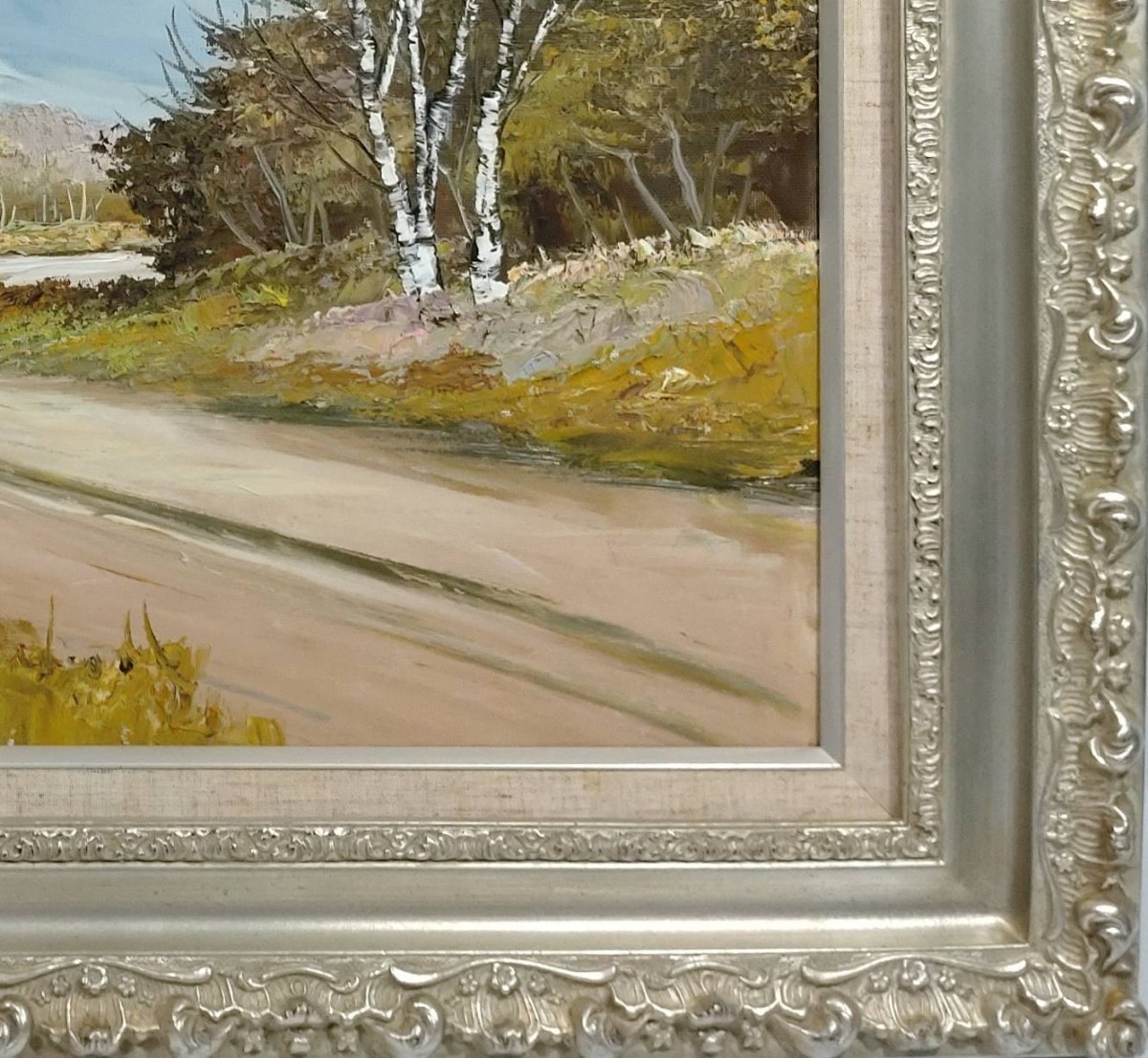 川合修二 白樺 油彩画 白樺と山の風景 油絵