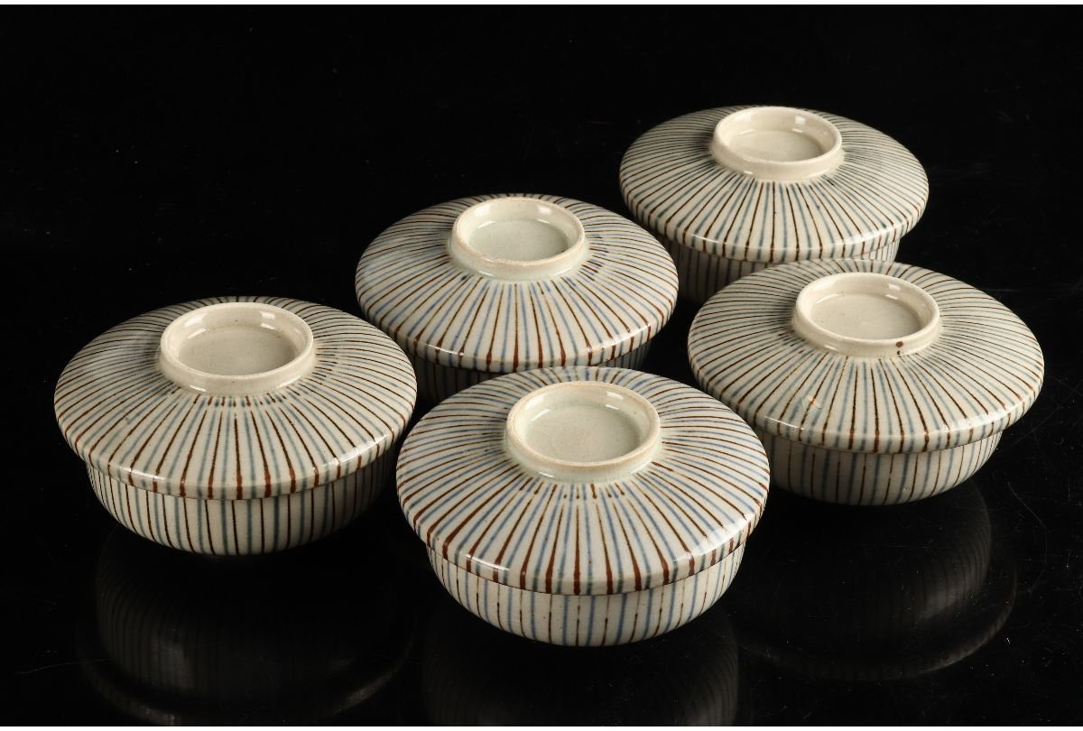 URA]麦藁手蓋茶碗5客/4-10-142 (検索)骨董/蓋碗/蓋茶碗/向