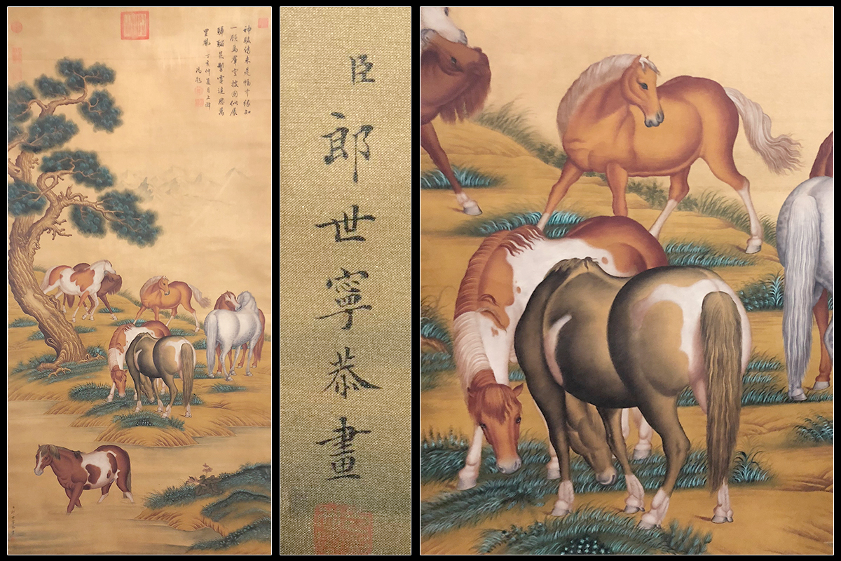 骨董掛け軸】犬図 中国郎世寧 清時代 肉筆保證 唐物 BD545C11-4 骨董