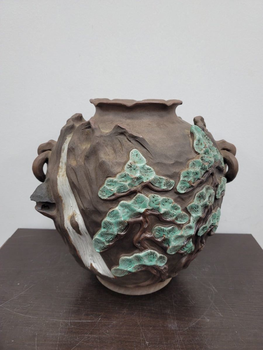 古鍋島 花瓶 青緑山水浮彫 細密細工 飾壺 銘工 在銘 作家物 古鍋島