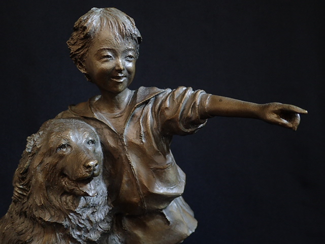 高岡作家 大道寺光弘 作 『フレンズ』 ブロンズ 少女と犬置物 重約4000