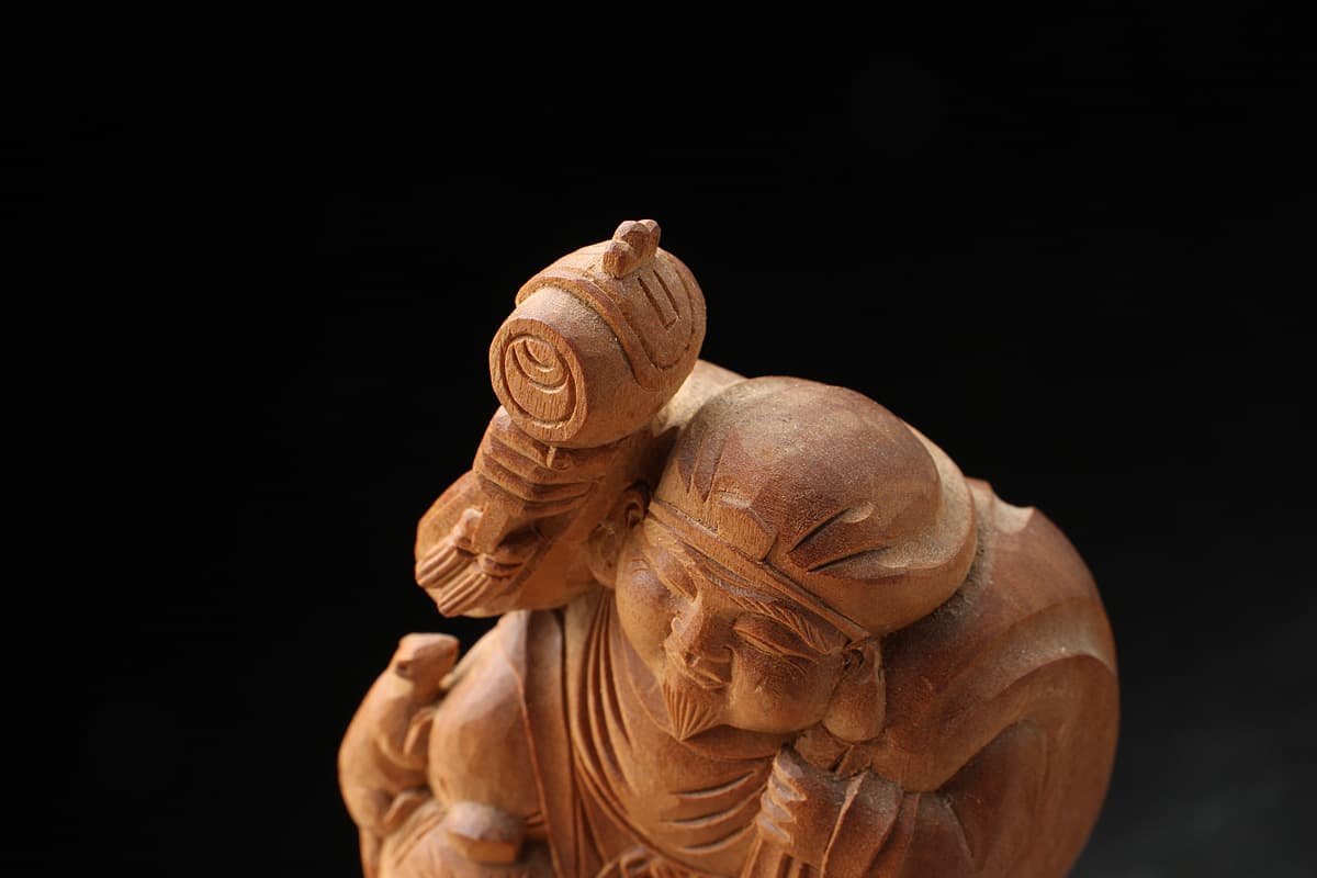 HW755 細密彫 木彫「恵比寿大黒天像」一対 高6.5cm/6.8cm 総重105g・