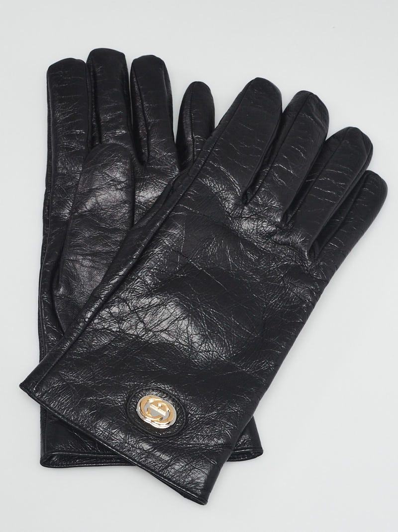 Gucci Black Lambskin Leather Interlocking G Gloves Size M/9
