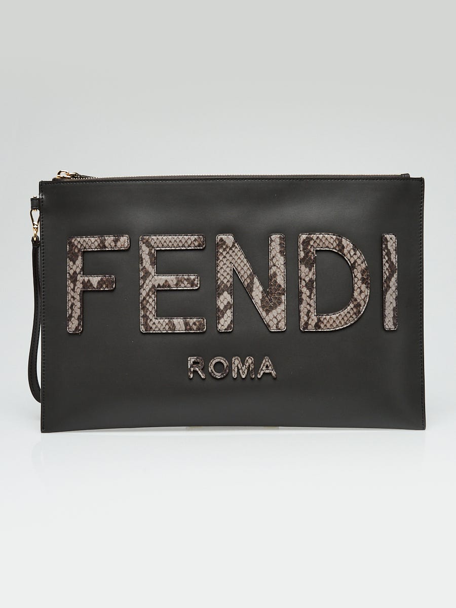 Fendi Black/Grey Leather/Snakeskin Zip Large Flat Wristlet Pouch