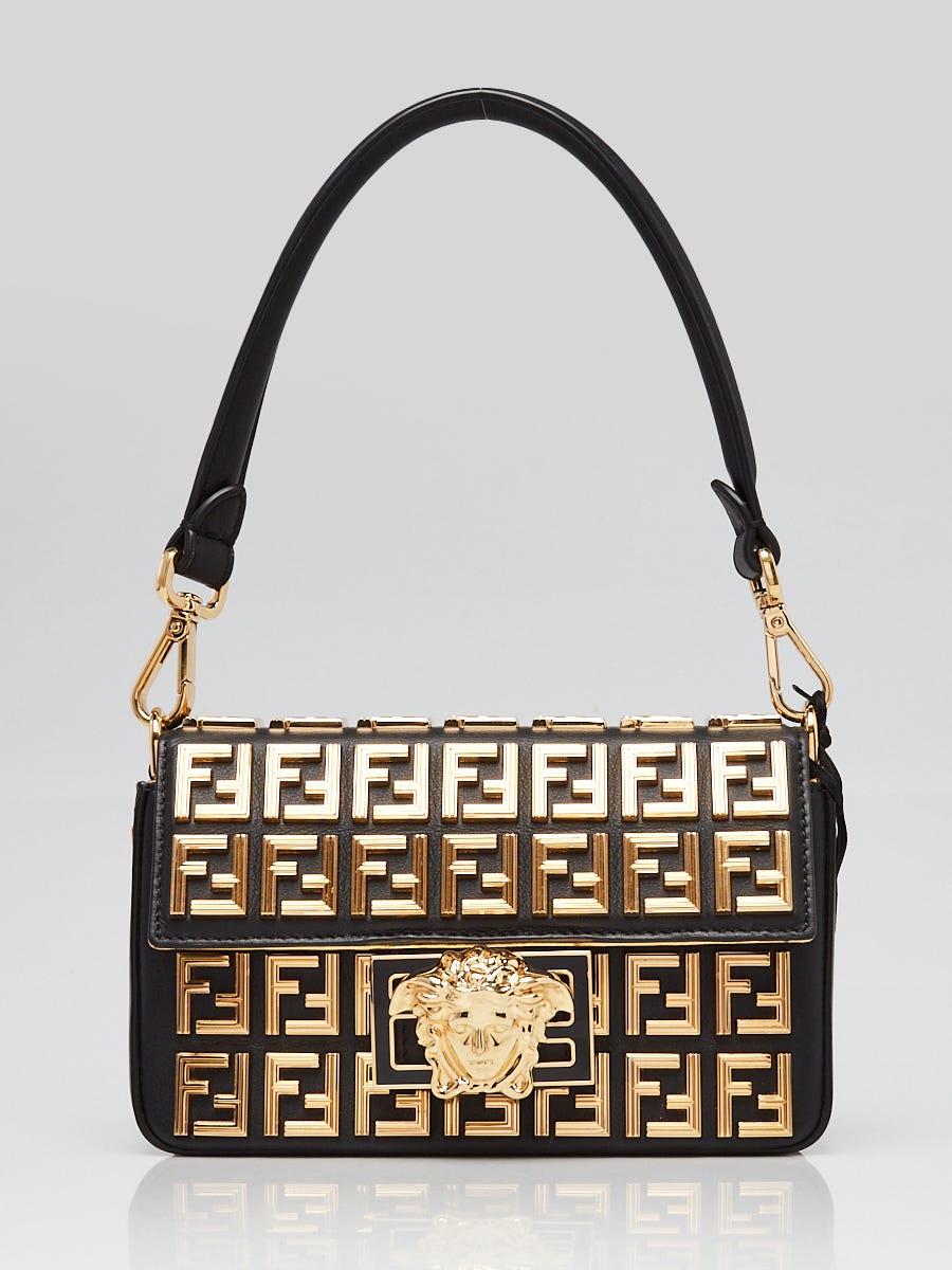 Fendi x Versace Black Leather FF Embellished Mini Baguette Bag