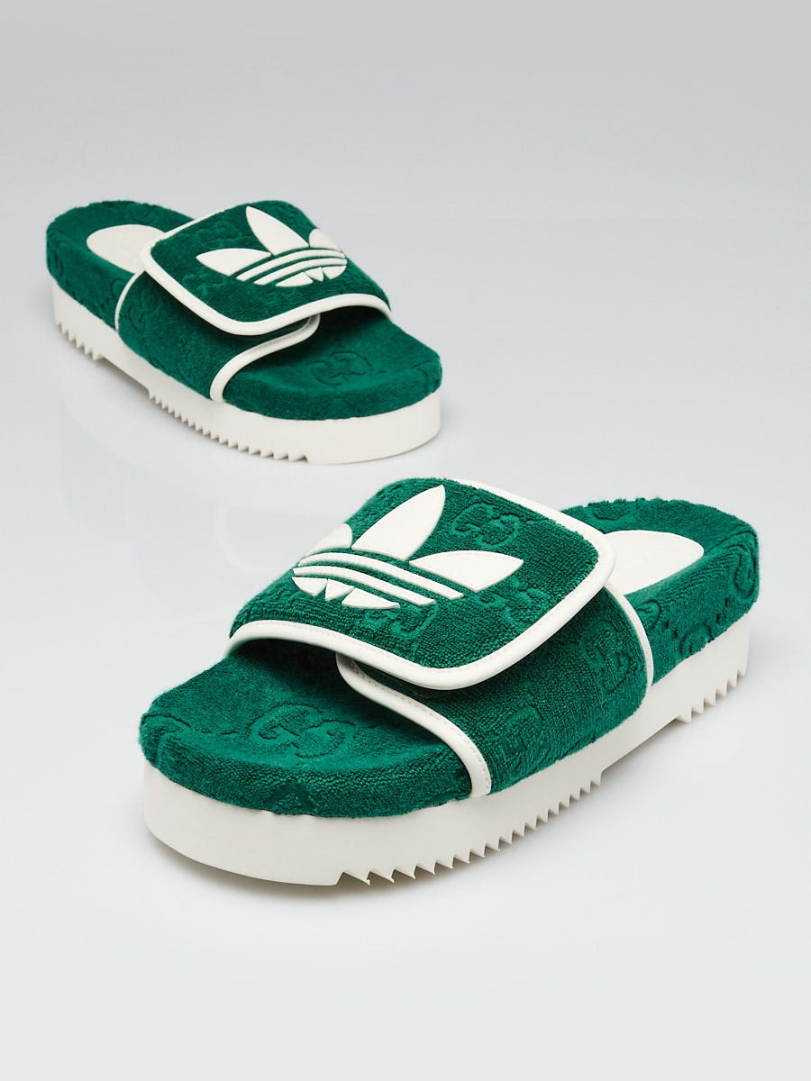 Gucci x Adidas Green/White Terry Cloth/Leather Platform Slides