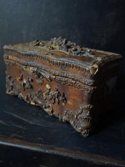 2373 古美術品細密彫龍文木箱首飾箱時代物