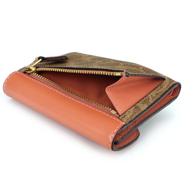 Brandol / COACH コーチ 折り財布 シグネチャー オレンジ系×ベージュ