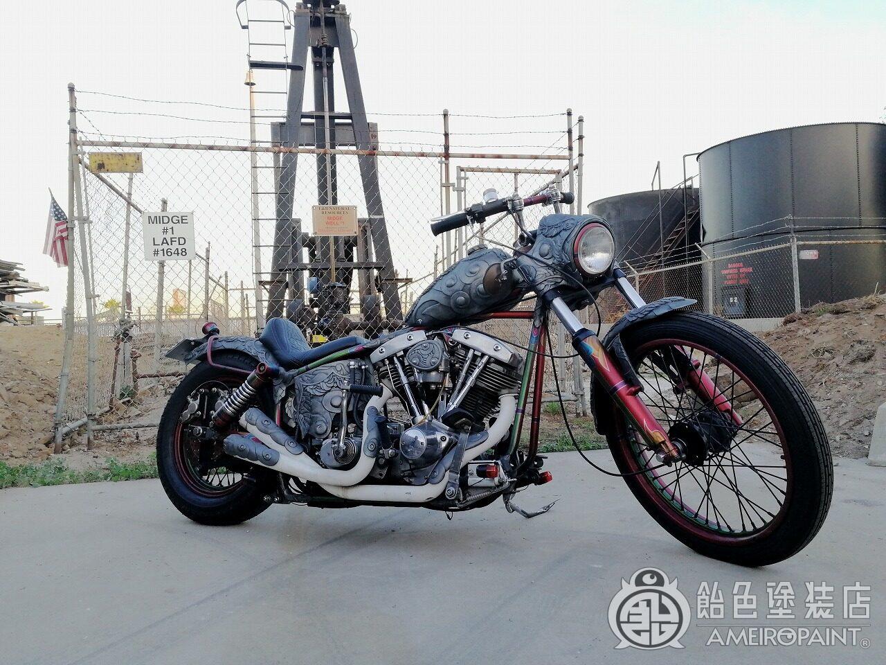 ハーレー 80FLTに瓦風塗装 奈良時代の美を現代バイクに再現｜飴色塗装店