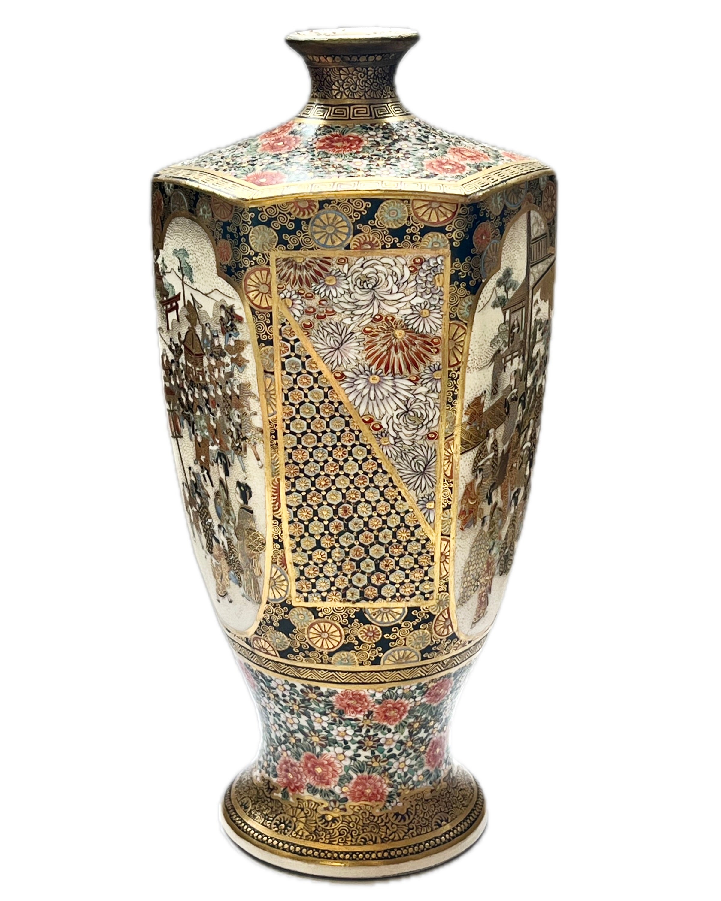 日本明治时期萨摩六角形古董花瓶，由Kozan 制作，约19 世纪中后期