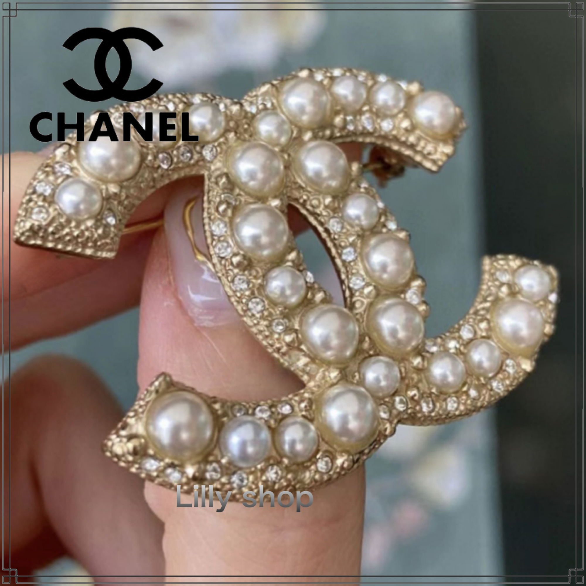 CHANEL パール風ドロップ付き クローバーピンブローチ CHANEL パール風