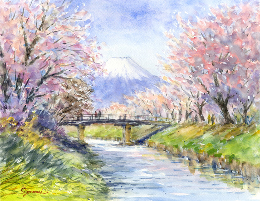 風景画（原画） Amazon.co.jp: 花の絵 風景画 桜 富士山 アクリル画