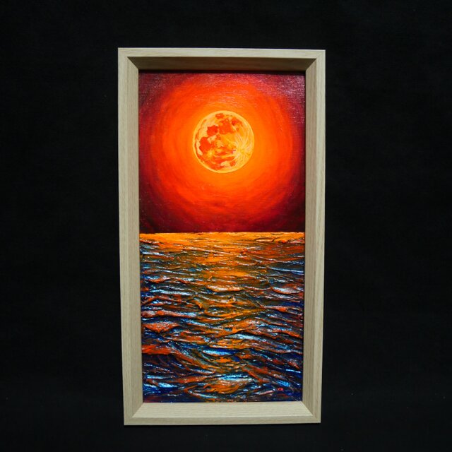 油絵 長方形ミニ絵画【オレンジ色の満月】 | iichi 日々の暮らしを