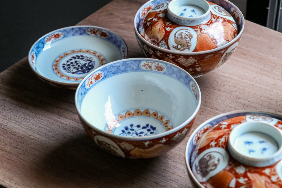 江戸後期時代染め付け茶碗蓋5個セット 江戸後期時代染め付け茶碗蓋5