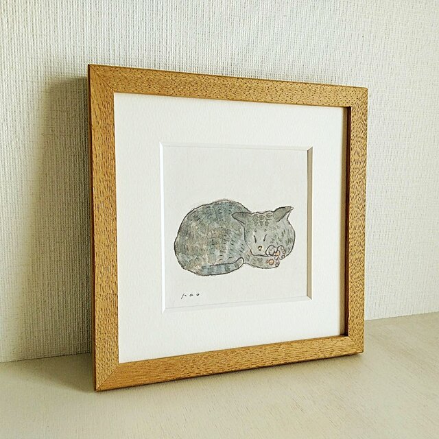 眠る猫」原画 ※木製額縁入り（18㎝角）一点物 水彩 イラスト