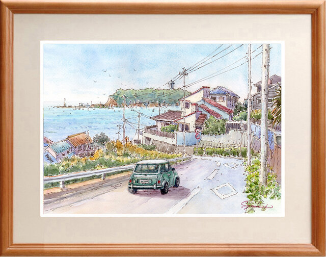 水彩画原画 江の島と七里ガ浜高台 ＃684 | iichi 日々の暮らしを