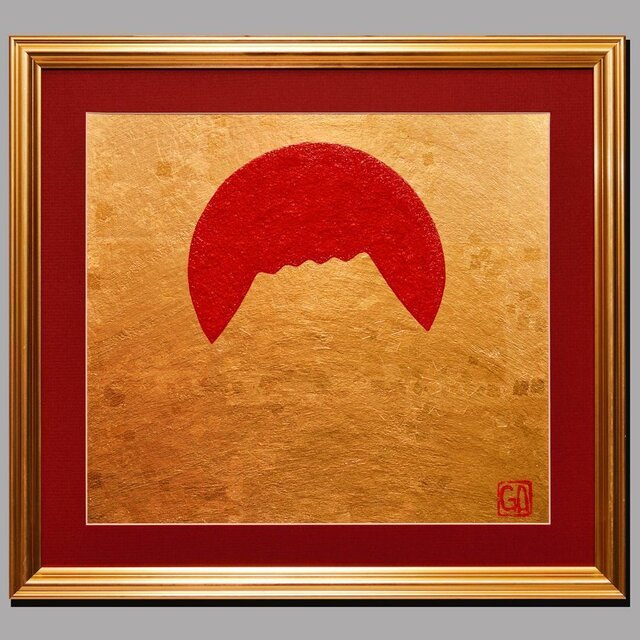 肉筆油絵○富士吉田からの金の赤富士山○がんどうあつし直筆絵画SM油彩