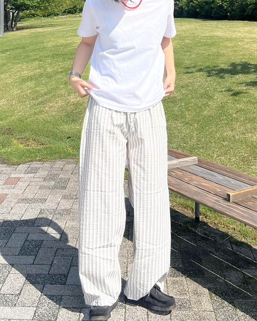 ストライプ ワイドパンツ 45R 全2色〉涼感ストライプワイドパンツ