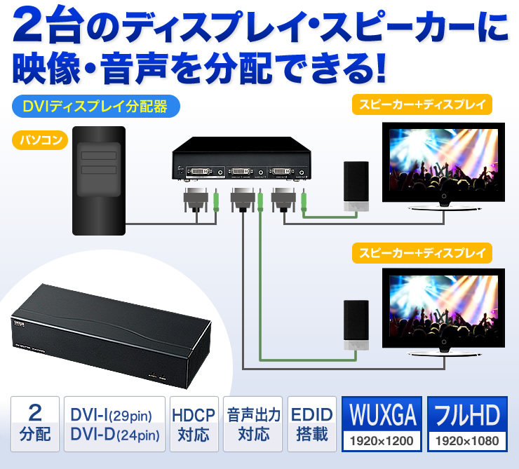 VGA-DVSP2【フルHD対応DVIディスプレイ分配器(2分配）】フルHD（1920