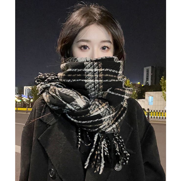 チェック柄ストール 大判フリンジマフラー[品番：AGCW0005953