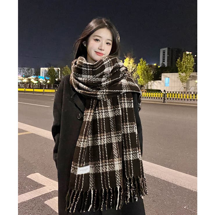 チェック柄ストール 大判フリンジマフラー[品番：AGCW0005953