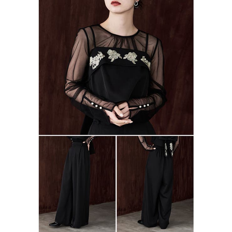 etoll エトル 3piece刺繍リボンビスチェ＆タックワイドパンツセット