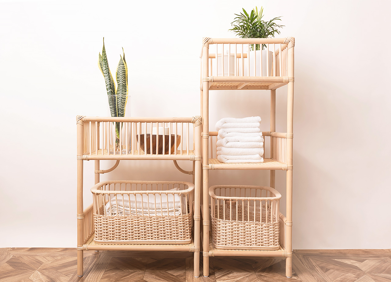 日本製 籐のランドリーラック カゴ付き|ラタン 脱衣かご| 2段 3段