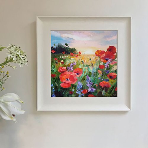 キャンバス油絵 専用 カラフルなお花をたくさん入れた花瓶 happy