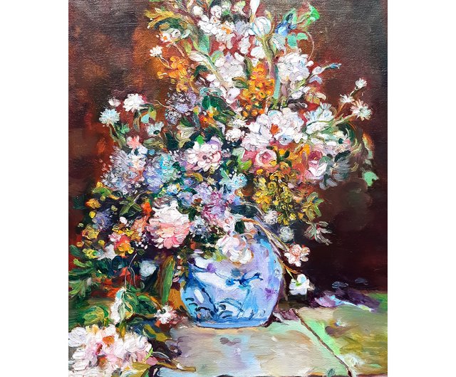 キャンバス油絵 専用 カラフルなお花をたくさん入れた花瓶 happy