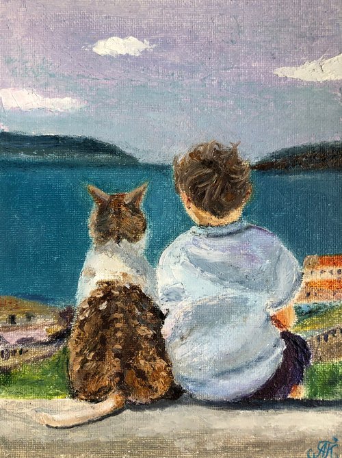 キャンバス油絵 専用 立ち上がって 外を見ている子猫 キャンバス油絵