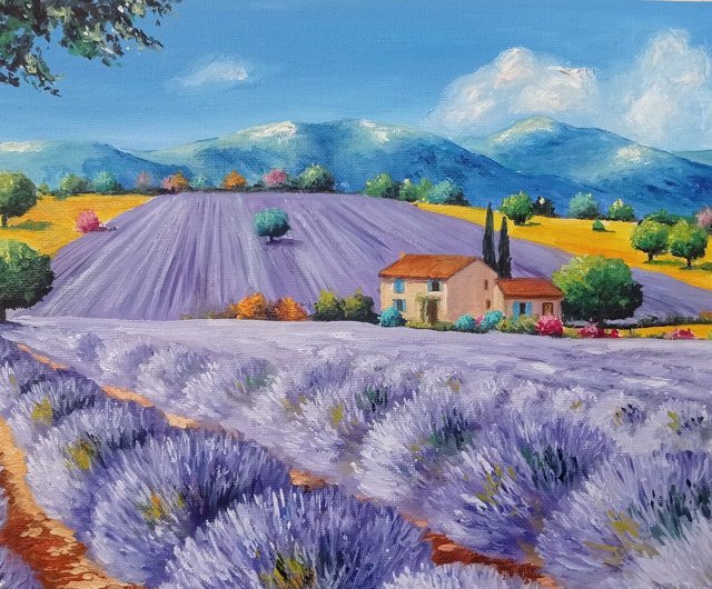 ラベンダーの丘】アクリル画 F3 風景画 絵画 ラベンダーの丘】アクリル