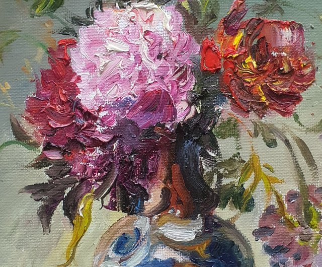 ガラスの花瓶に生けた花の静物画（油絵肉筆画）（680×680） ガラスの