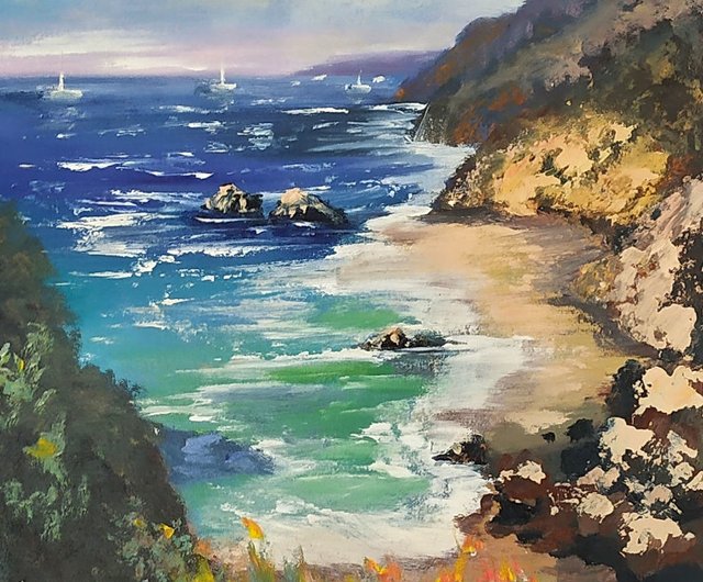 真作】絵画 油彩8号 岩礁に打ち寄せる波 荒波と岩場の海風景 Y180 真作