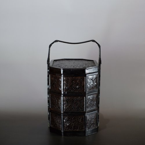 煎茶道具】提籃籠 人物彫 提手 竹編 古美術 骨董