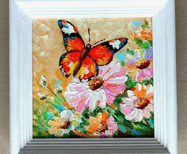 ロシア 花の上の蝶 オリジナル油絵 額入りアート ギフトアイデア 手工