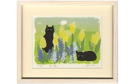 稲垣知雄「ブラックキャット 黒猫」木版画 額付き 作者自筆サイン 稲垣