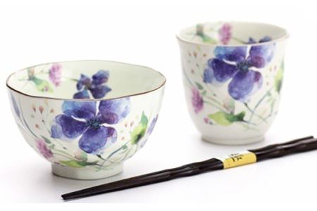 美濃焼】「＆藍」and-ai 夫婦茶碗セット『花水彩』柄 多治見市/エー