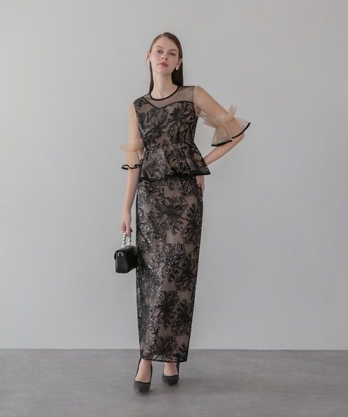 セール】【LEJA】アシンメトリーシアーフラワースパンコールフリル