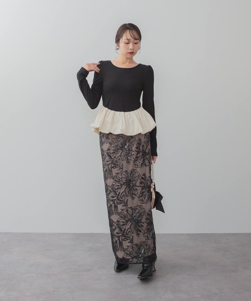 セール】【LEJA】アシンメトリーシアーフラワースパンコールフリル