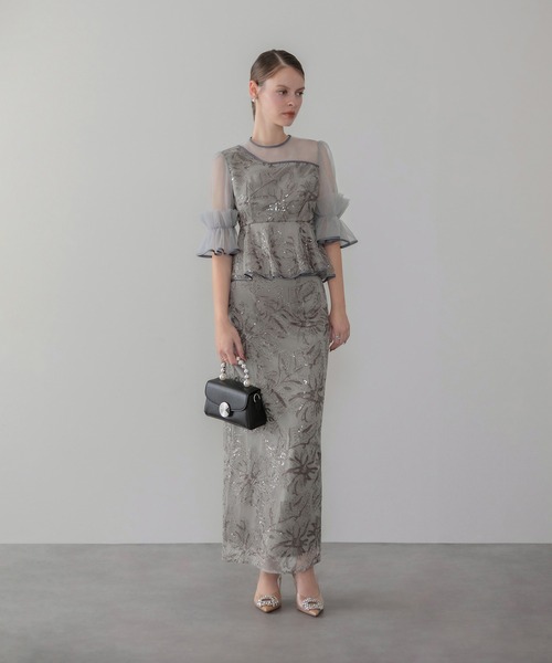 セール】【LEJA】アシンメトリーシアーフラワースパンコールフリル