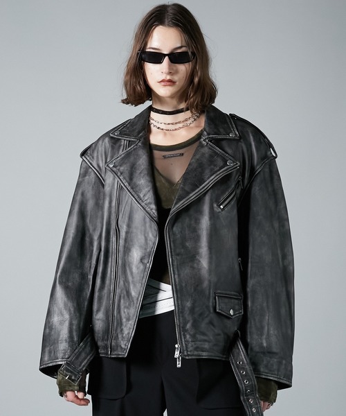 ラブオフCOWクラッシュレザーライダースジャケット / Rub Off COW