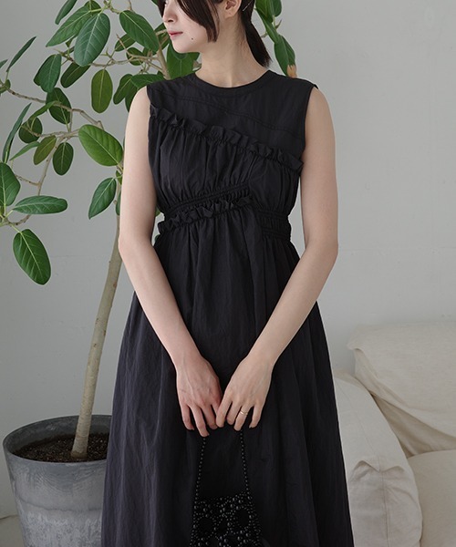 セール】asymmetry shirring gather no sleeve OP（ワンピース