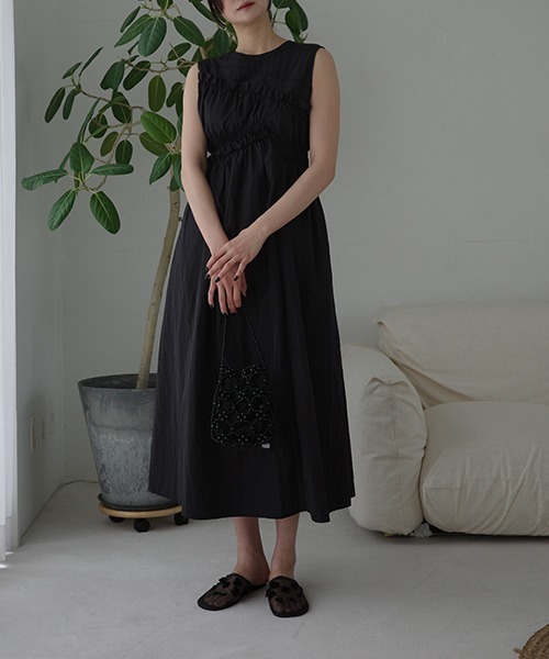 セール】asymmetry shirring gather no sleeve OP（ワンピース