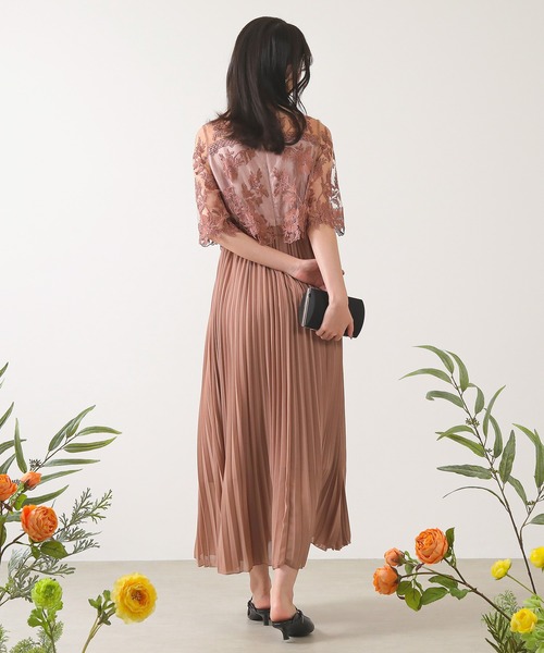 フラワー刺繍 レース 切り替え プリーツロング パーティー ドレス 結婚