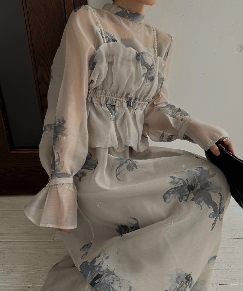 セール】pearl shoulder camisole set original big flower print OP