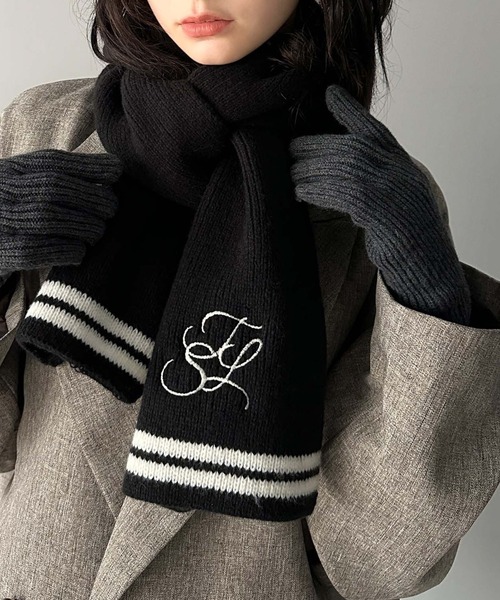 セール】柔らか暖か。上品なロゴ刺繍入りラインニットマフラー