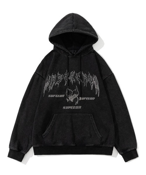 ラインストーンロゴプリント 裏起毛スウェットプルオーバーフード付き