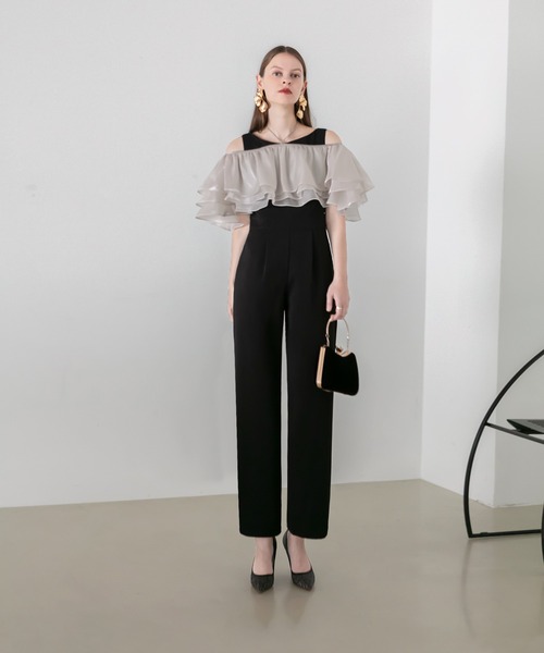 LEJA ドット柄スパンコールパフスリーブボレロオールインワンドレス S