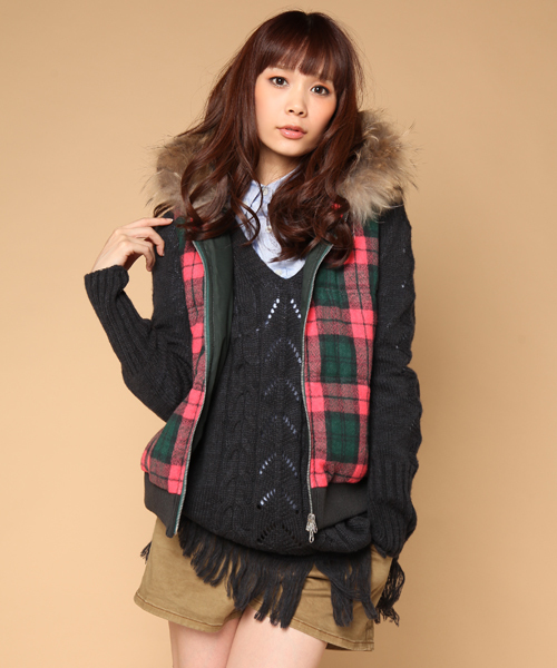 alcali（アルカリ）の「ウールガーゼチェック ファーフードダウン