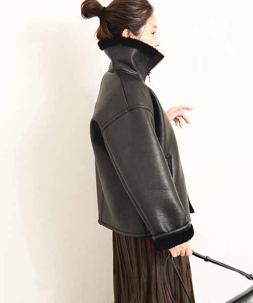 WEB限定追加》フェイクレザーボアブルゾン（ライダースジャケット